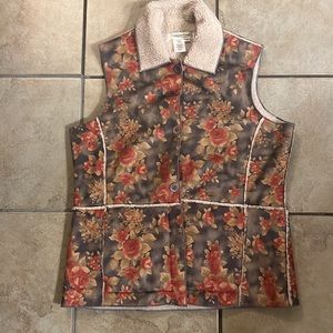 Coldwater Creek S Floral Print Faux Suede & Sherpa Lined Vest